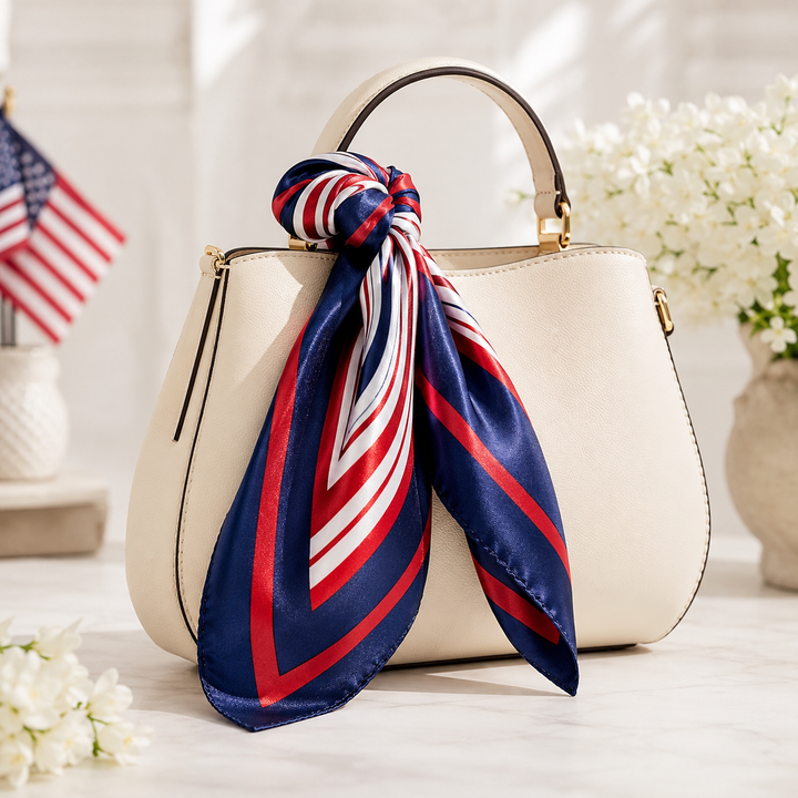Beige handbag with a red, white, and blue scarf tied around it, set against a blurred indoor background.