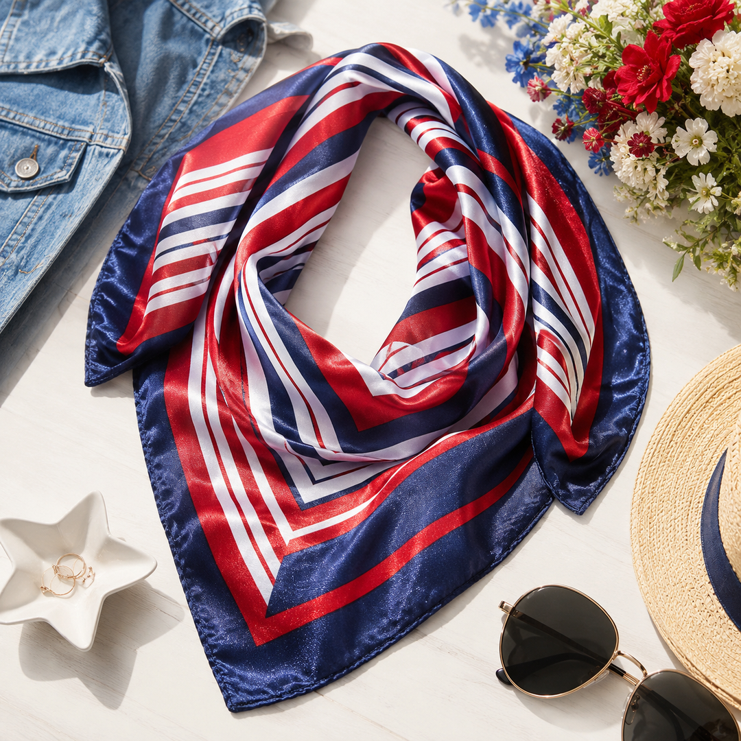 Red, white, and blue striped scarf on a light surface with a denim jacket, sunglasses, and flowers.