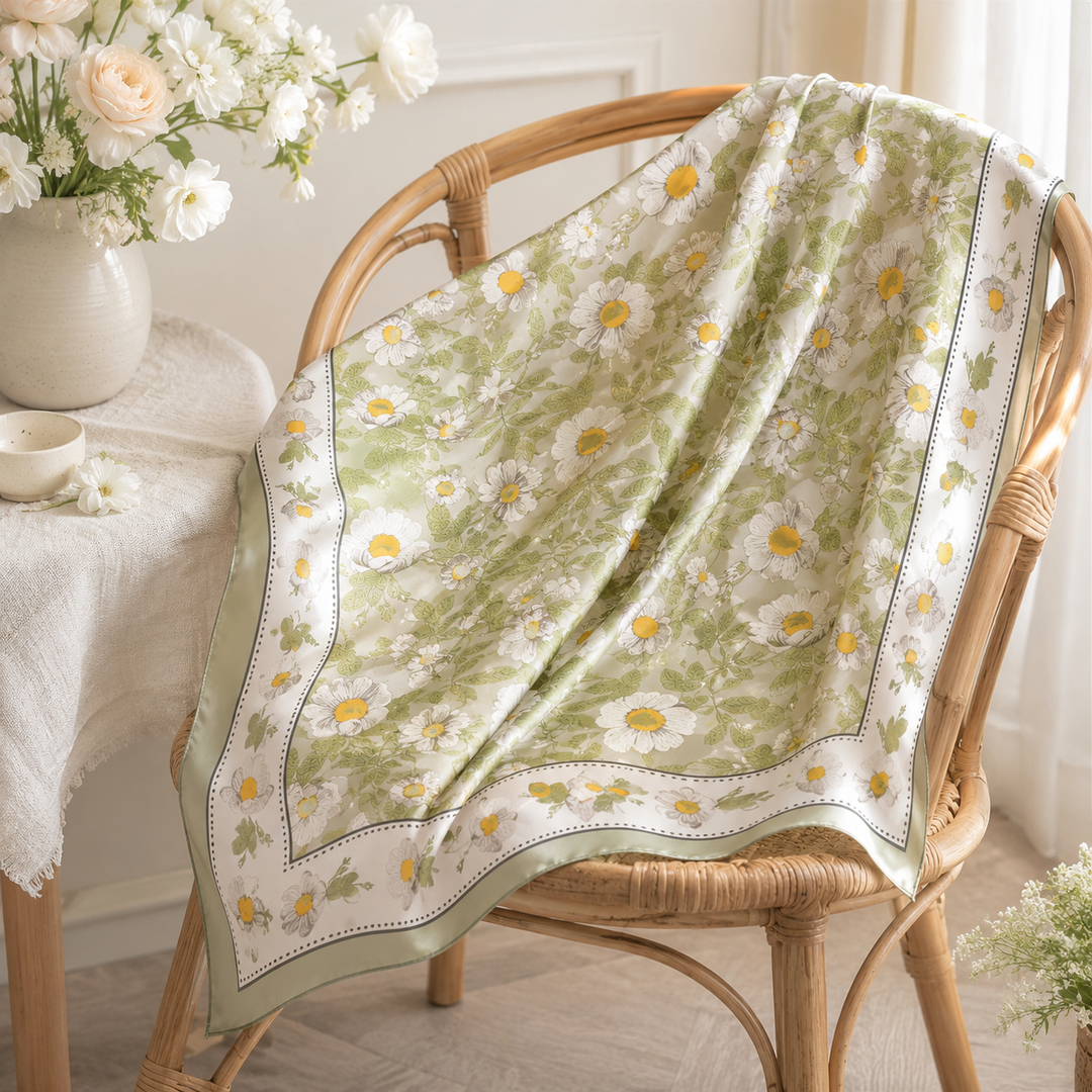 Spring Meadow Daisy Bandana Scarf | 21.7" Silky Satin Square Scarf