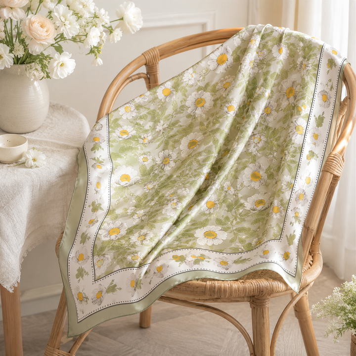 Spring Meadow Daisy Bandana Scarf | 21.7" Silky Satin Square Scarf