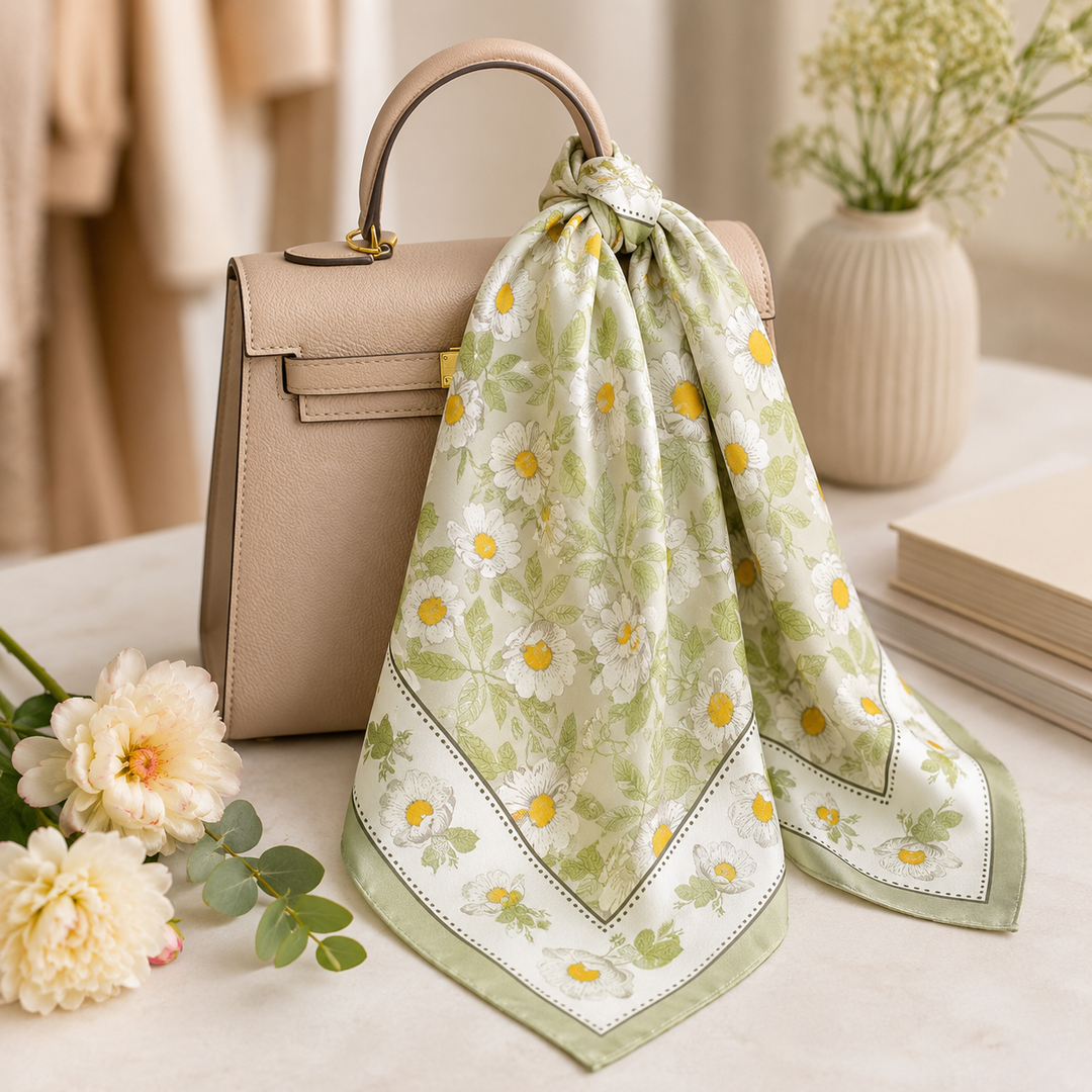 Spring Meadow Daisy Bandana Scarf | 21.7" Silky Satin Square Scarf