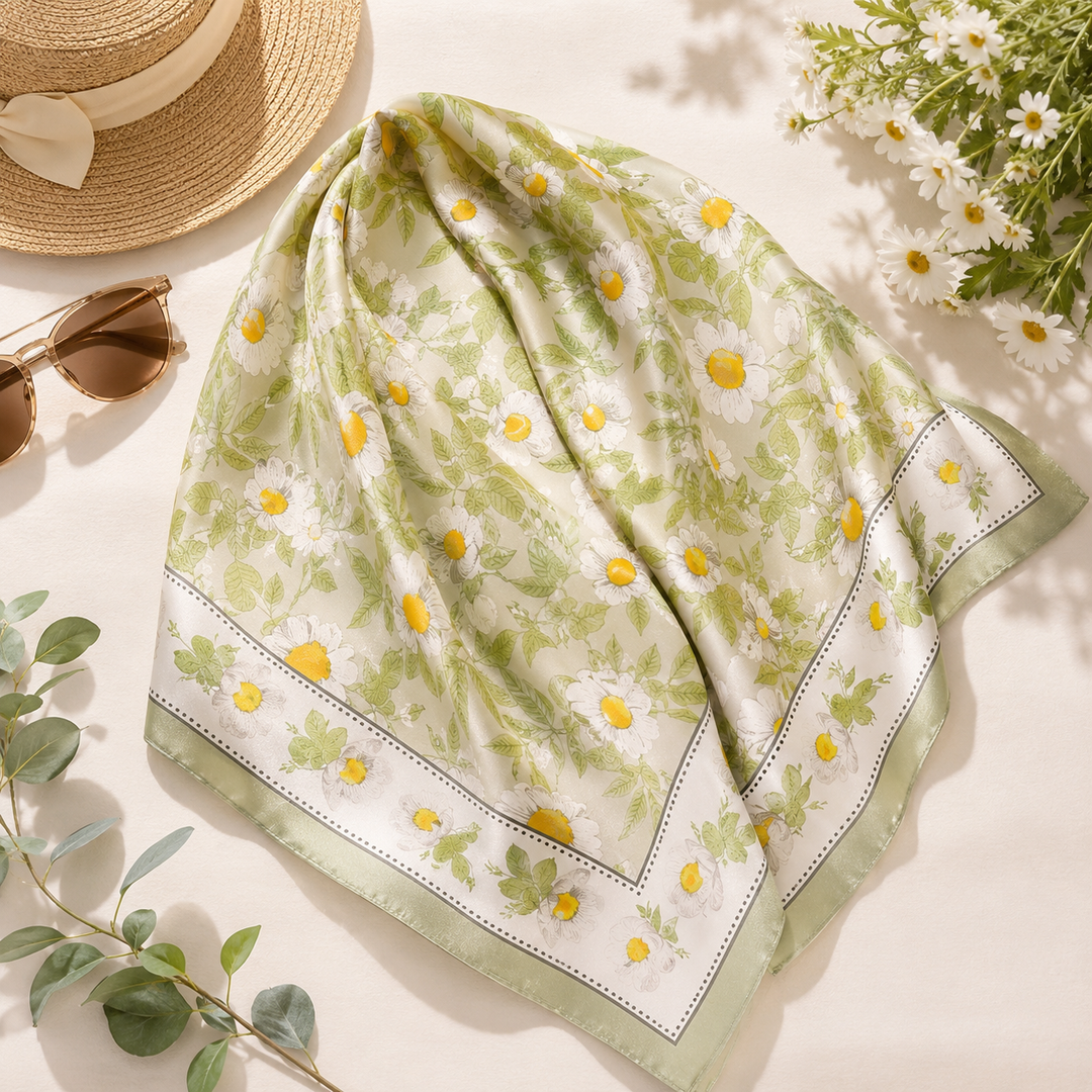 Spring Meadow Daisy Bandana Scarf | 21.7" Silky Satin Square Scarf