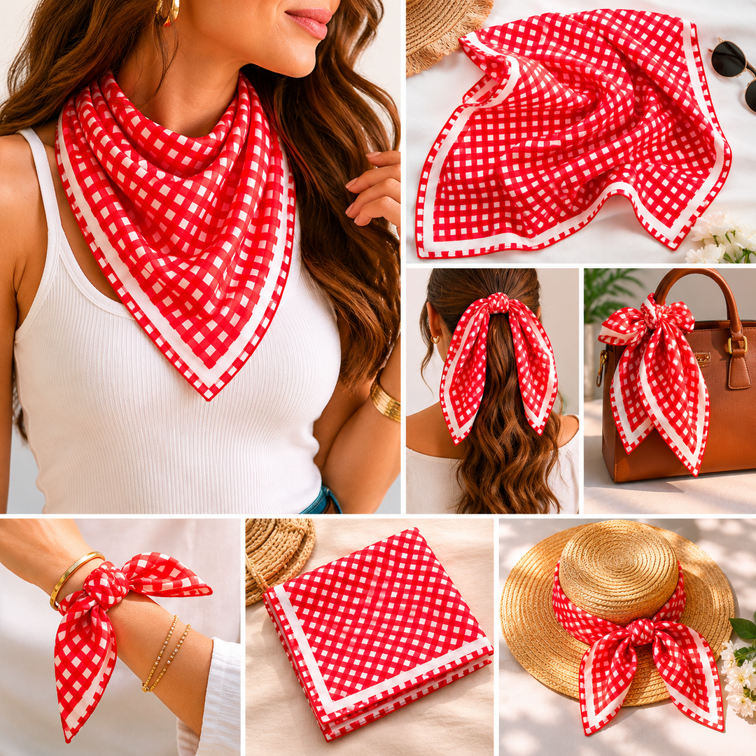 Red and white checkered scarf displayed in various ways on a woman and other objects.