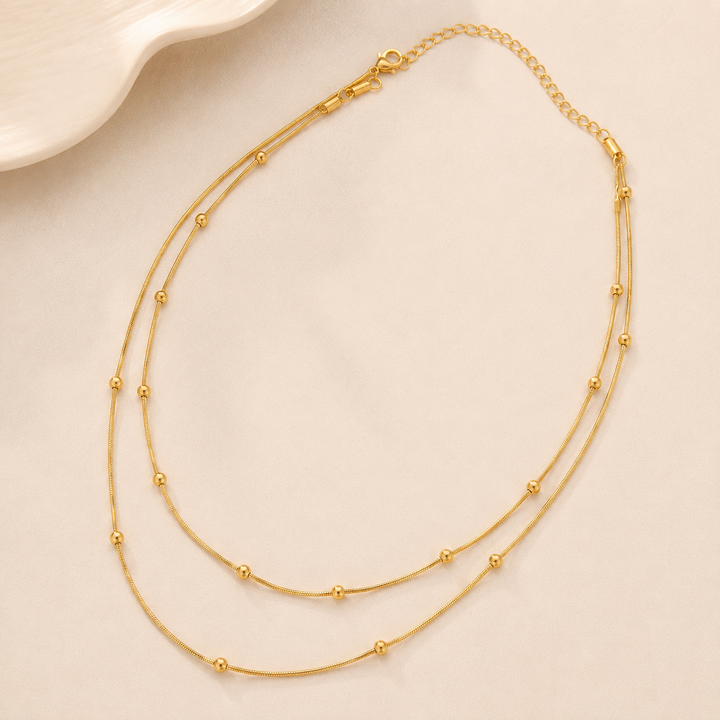 Gold Stainless Steel 2 Layered Ball Station Necklace
