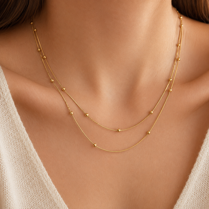 Gold Stainless Steel 2 Layered Ball Station Necklace
