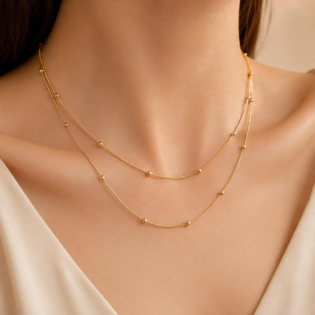Gold Stainless Steel 2 Layered Ball Station Necklace