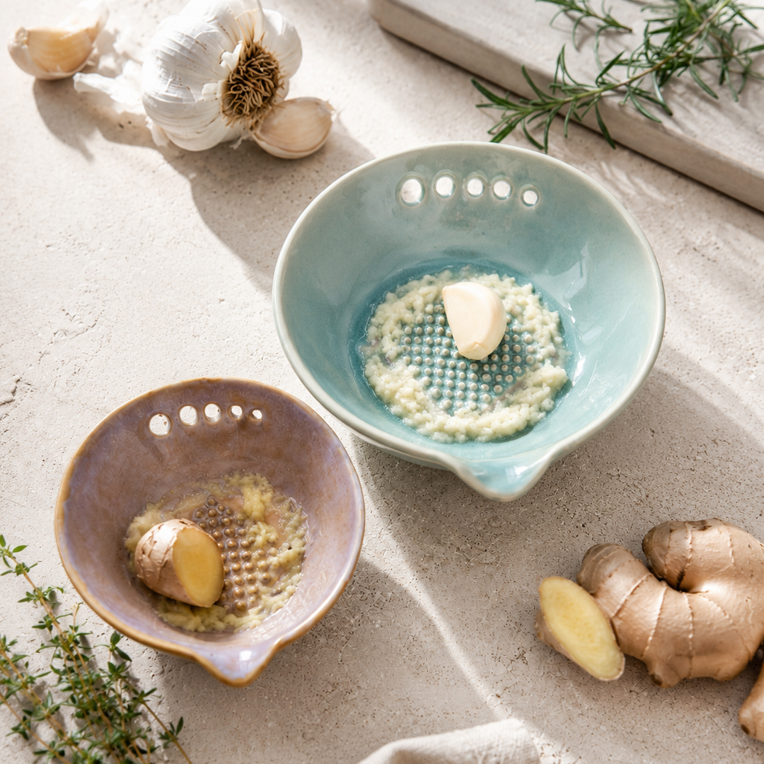 Two ceramic bowls with ingredients on a light surface with herbs and a cloth.