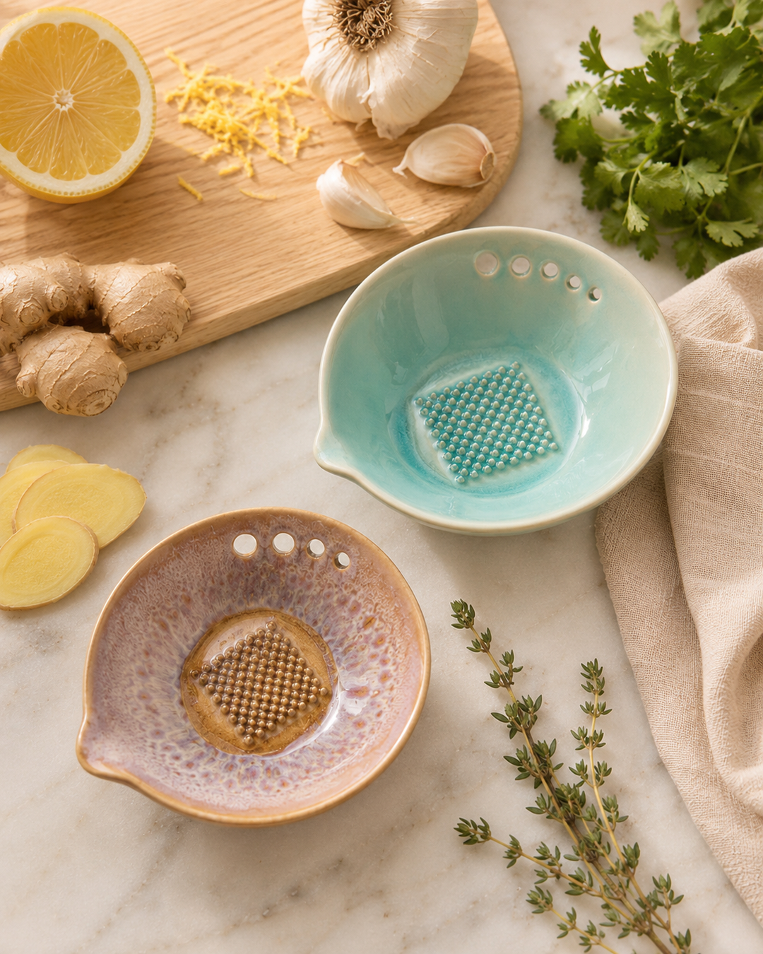 Stoneware Garlic + Ginger Grater Dishes with Herb Strippers