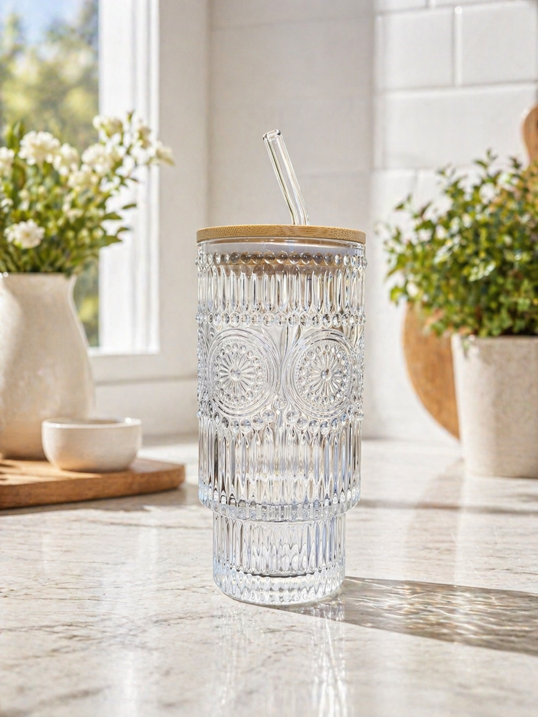 16oz Embossed Glass Tumbler with Bamboo Lid + Glass Straw