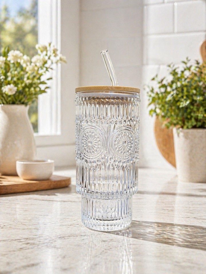 16oz Embossed Glass Tumbler with Bamboo Lid + Glass Straw