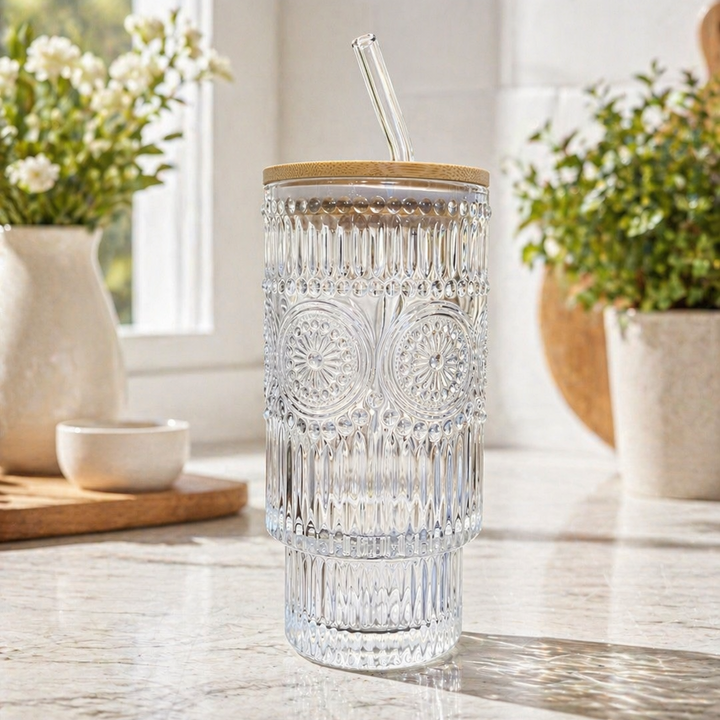 Clear glass tumbler with bamboo lid and straw on a marble surface with plants in the background