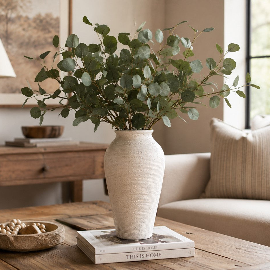 Tall Textured White Ceramic Vase, 12"