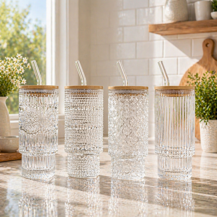 16oz Embossed Glass Tumbler with Bamboo Lid + Glass Straw