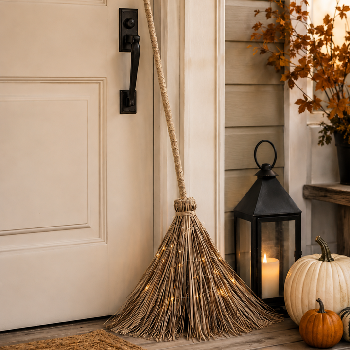 A decorative straw-style broom with a long handle leans against a cream front door on a porch. The broom has warm white string lights woven through the bristles.