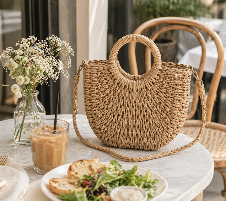 Woven handbag on a table with a glass of iced coffee and a plate of food.