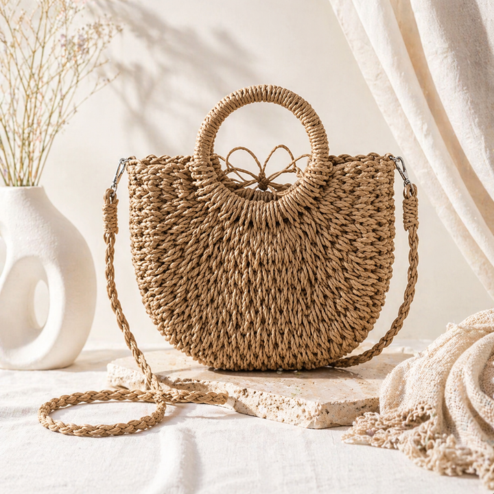 Woven handbag with a handle and shoulder strap on a neutral background