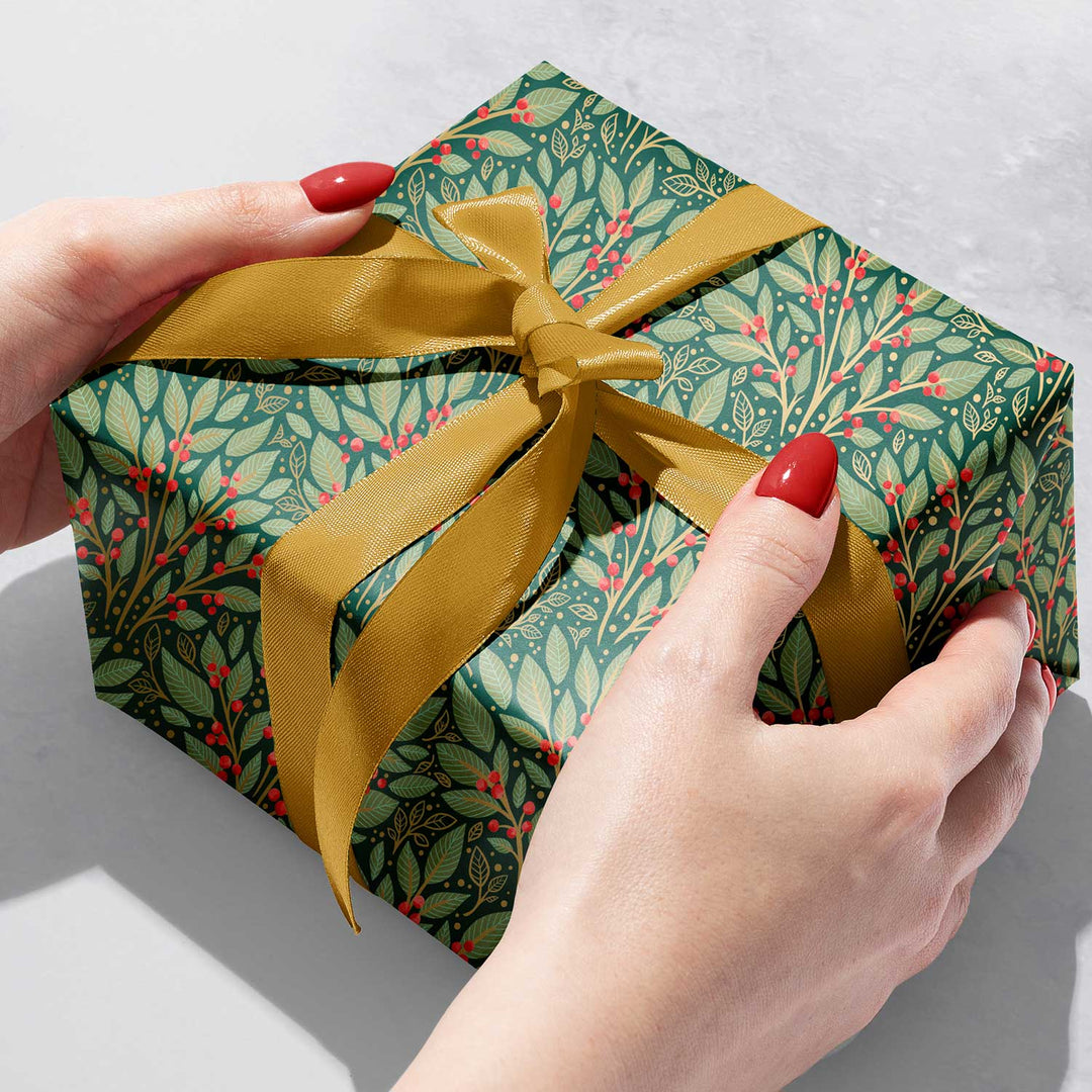 Holly Tapestry Christmas Gift Wrap, 10 ft x 30"