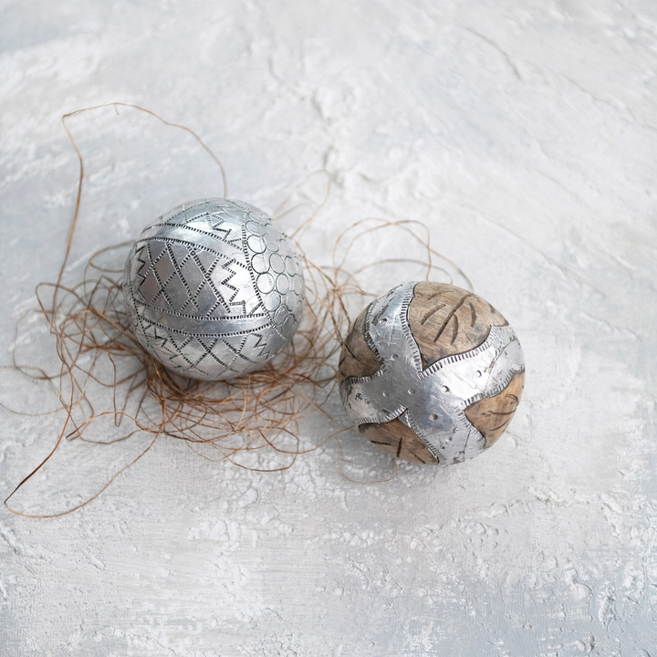 Carved Mango Wood &amp; Metal Decorative Orb