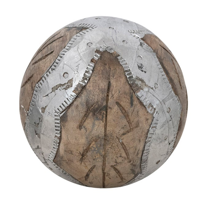Carved Mango Wood &amp; Metal Decorative Orb
