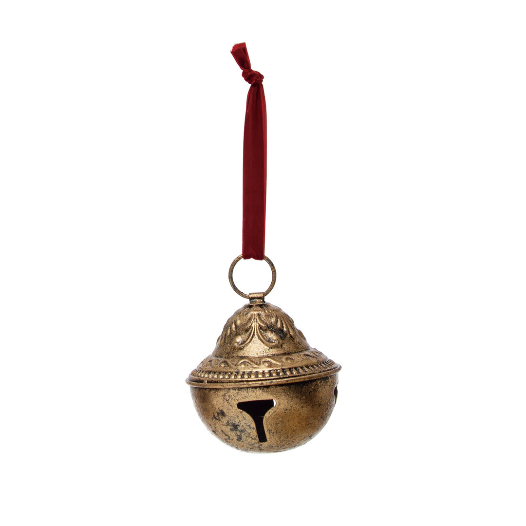 Embossed Metal Sleigh Bell with Velvet Ribbon, Gold