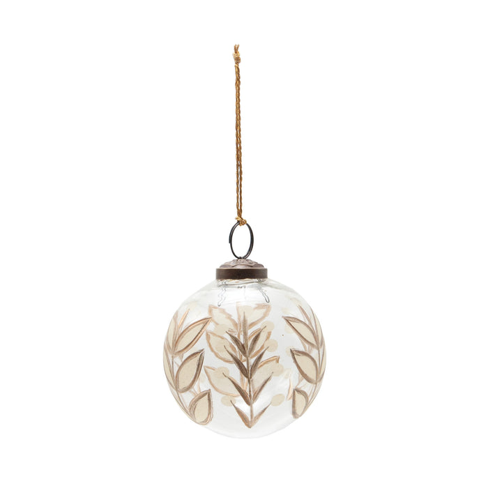 Hand Painted Etched Glass Ball Ornament with Botanical Design