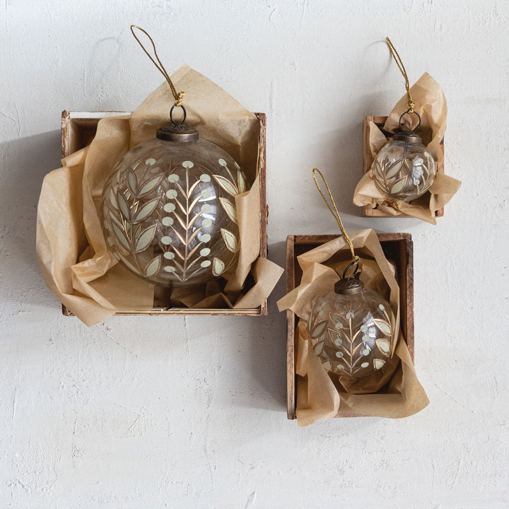 Hand Painted Etched Glass Ball Ornament with Botanical Design