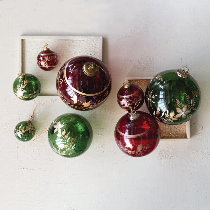 Hand-Painted with Golden Botanicals, Glass Ball Ornament
