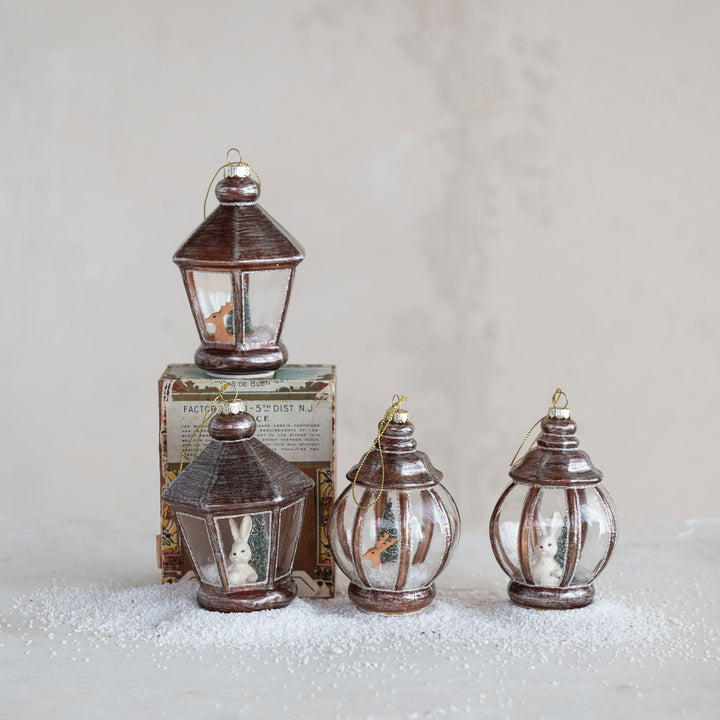 Lantern Ornament with Bunny + Deer + Snow + Glitter