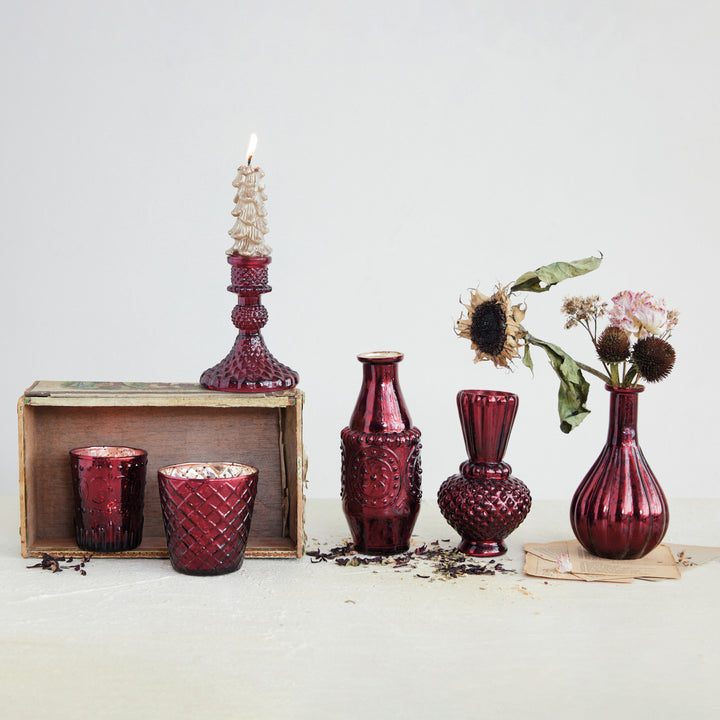 Ruby Red Recycled Glass Taper Candle Holder