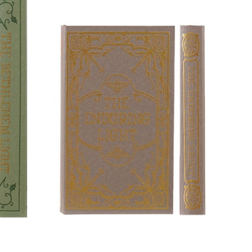 A book or notebook cover design shown front and spine on a plain white background. The main cover is a warm taupe-beige with ornate gold embossed-style decorative border and the title &