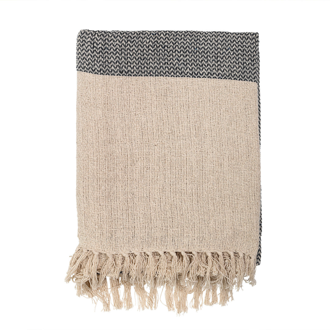Cotton Knit Throw Blanket, Grey + Cream with Fringe 60" x 50"