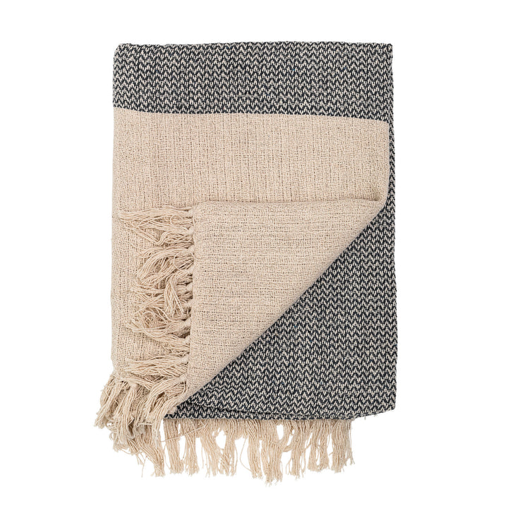 Cotton Knit Throw Blanket, Grey + Cream with Fringe 60" x 50"