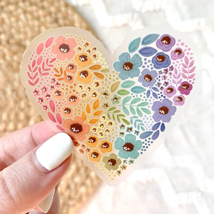Clear Rainbow Floral Heart Sticker, 2.75x3