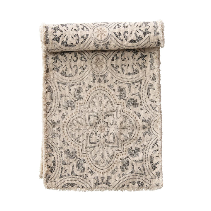 Table Runner w/ Fringe, Grey + Cream, 72" x 14"