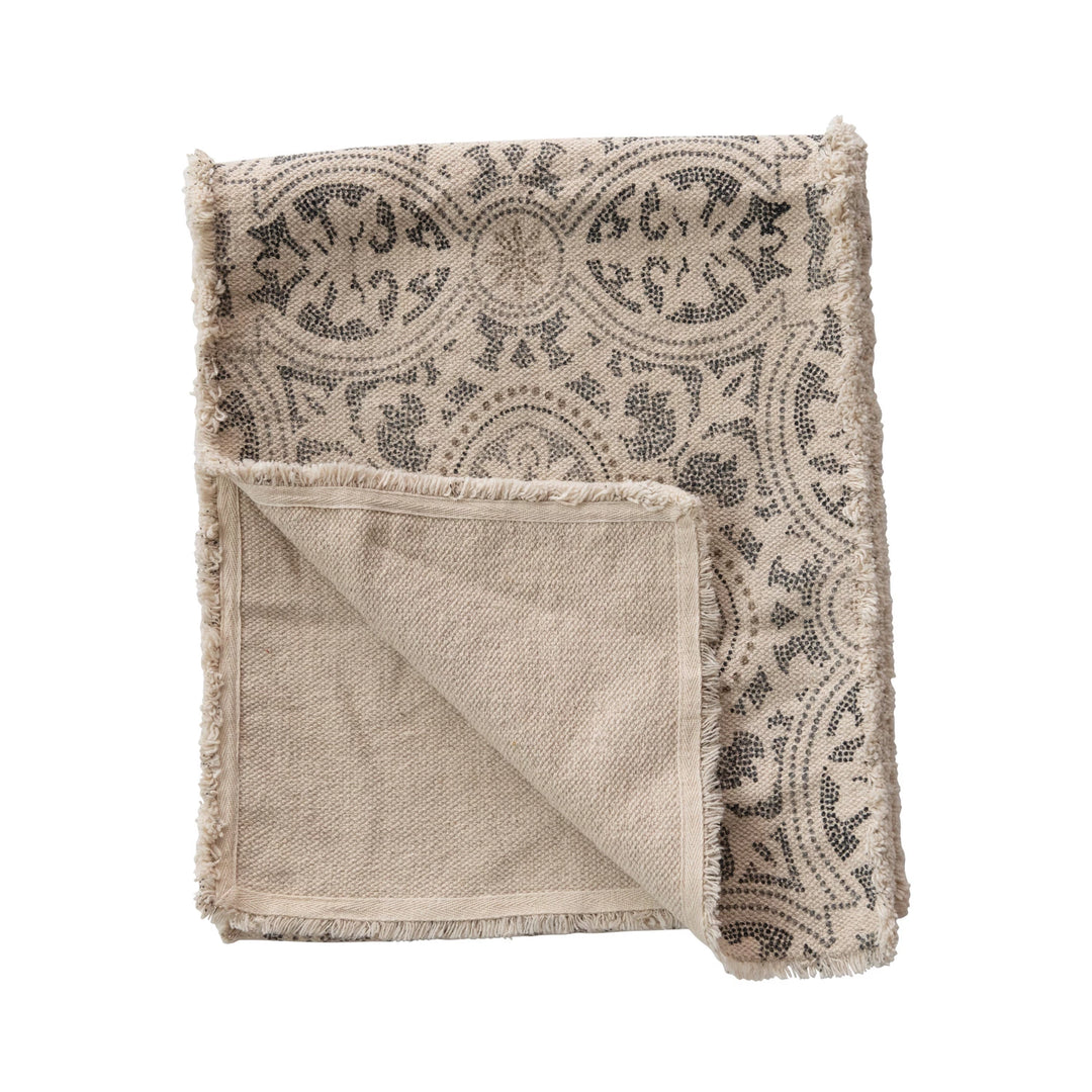 Table Runner w/ Fringe, Grey + Cream, 72" x 14"
