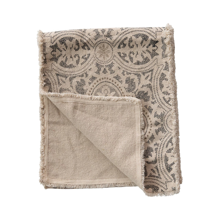 Table Runner w/ Fringe, Grey + Cream, 72" x 14"