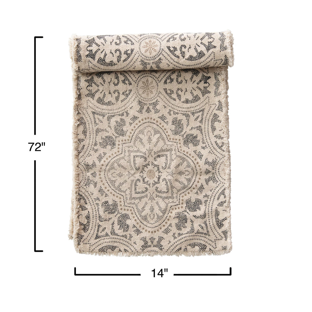 Table Runner w/ Fringe, Grey + Cream, 72" x 14"