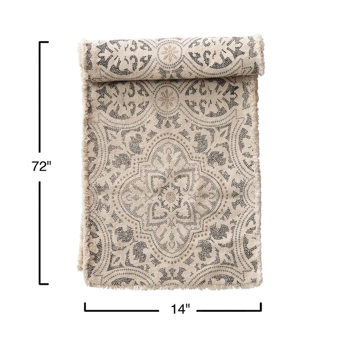 Table Runner w/ Fringe, Grey + Cream, 72" x 14"