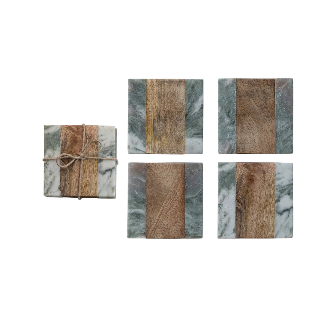 Green Marble + Wood Coasters, Set of 4