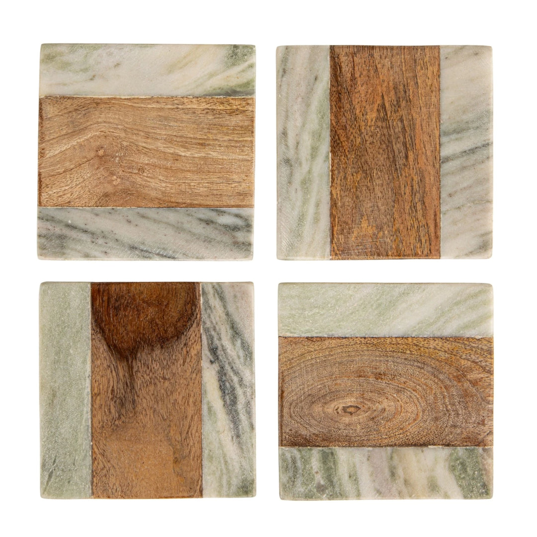 Green Marble + Wood Coasters, Set of 4