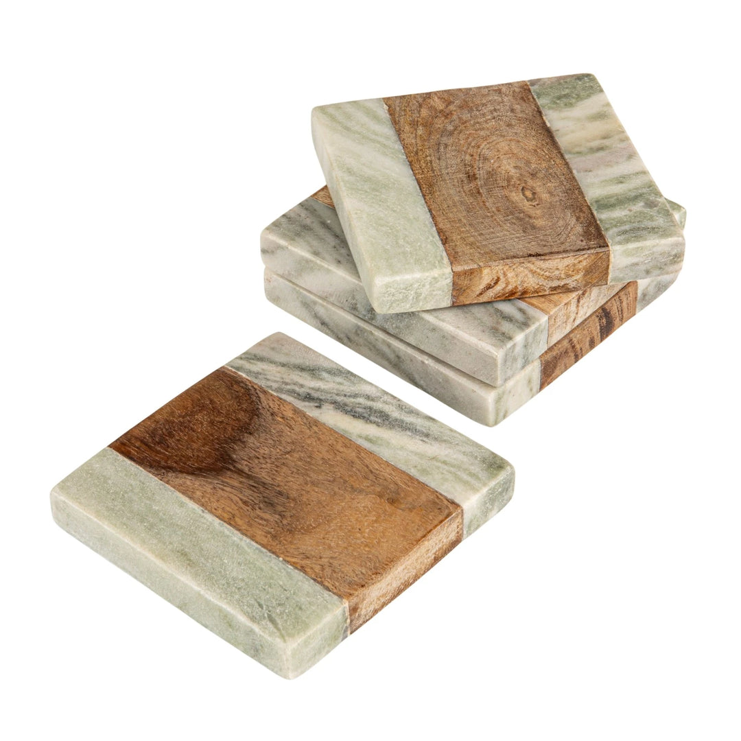 Green Marble + Wood Coasters, Set of 4