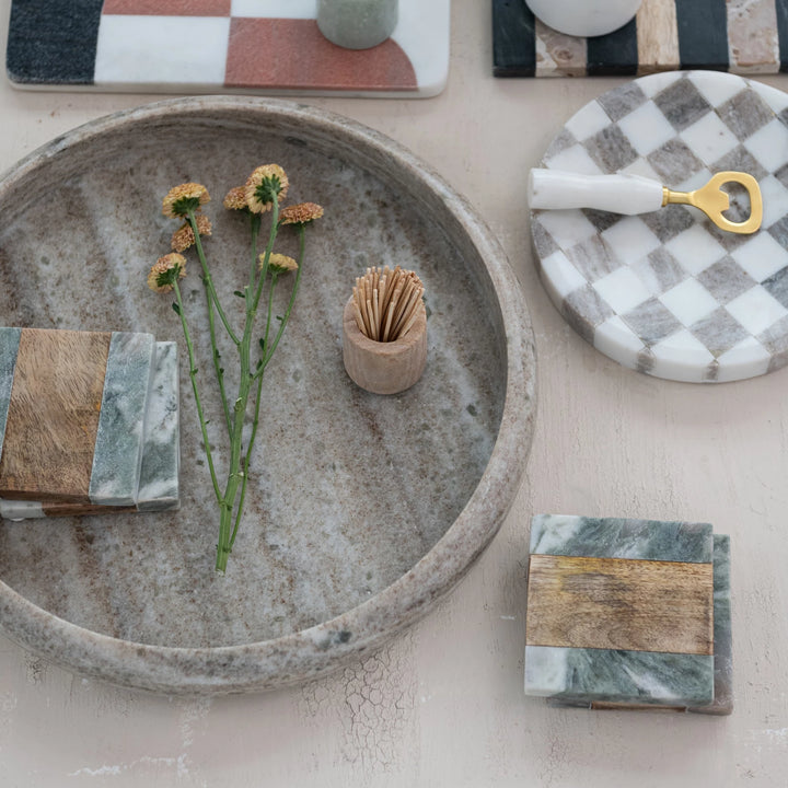 Green Marble + Wood Coasters, Set of 4