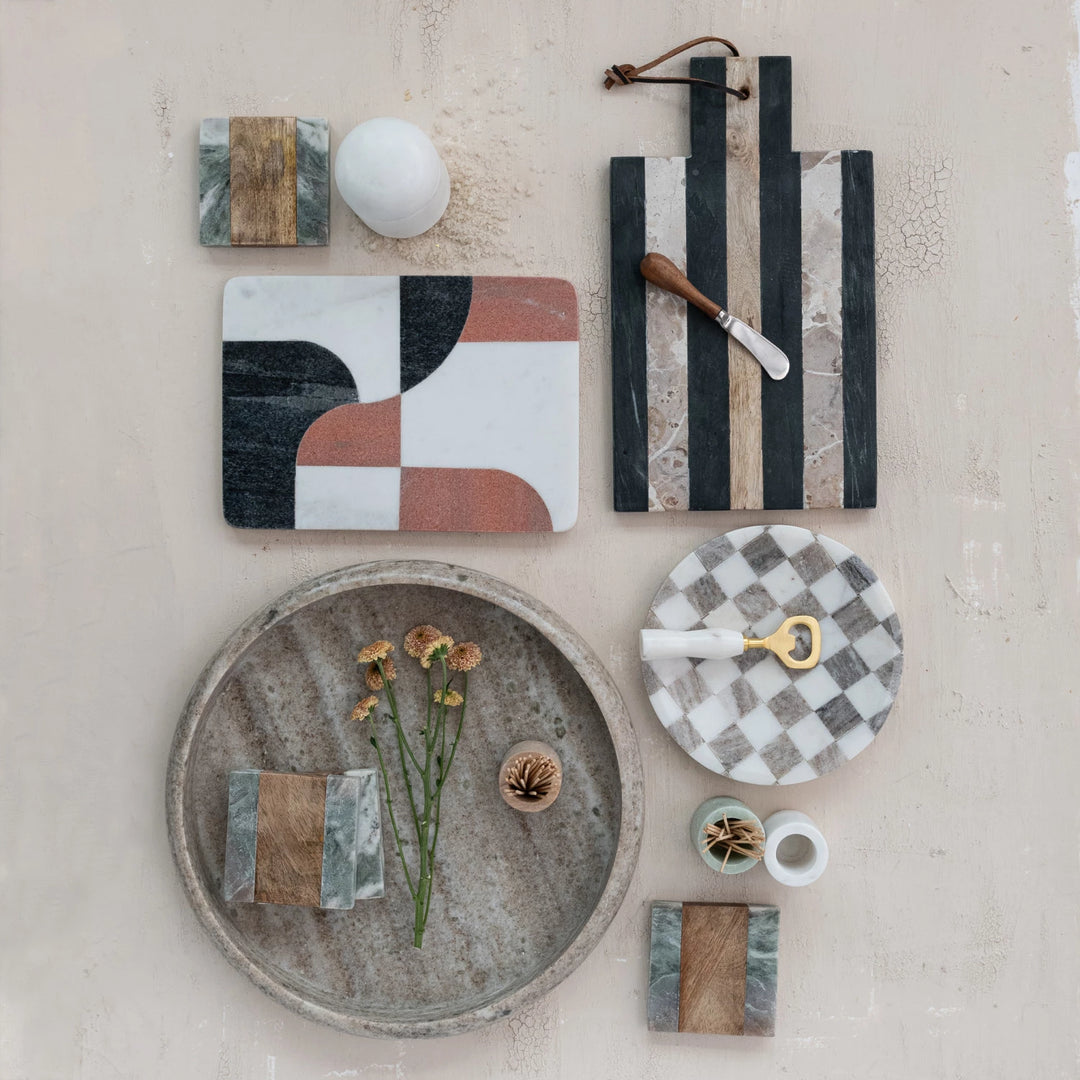 Green Marble + Wood Coasters, Set of 4