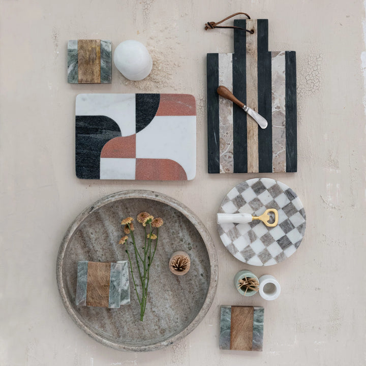 Green Marble + Wood Coasters, Set of 4