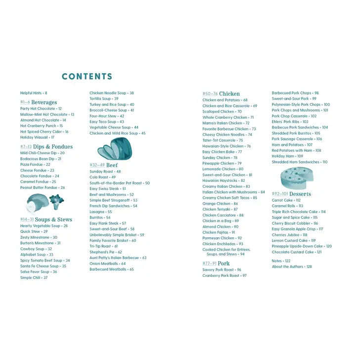 A printed or digital contents page from a book or menu, with the title 'CONTENTS' at the top and multiple columns of small black text listing chapter and section names such as beverages, dips and fondues, soups, bread, chicken, pork, and desserts. A small blue-and-white illustration appears in the lower right area.