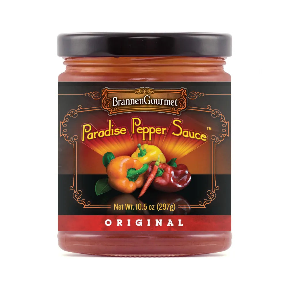 Jar of BrannenGourmet Paradise Pepper Sauce on a white background