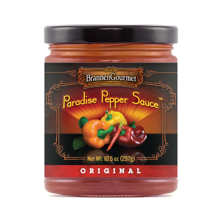 Jar of BrannenGourmet Paradise Pepper Sauce on a white background