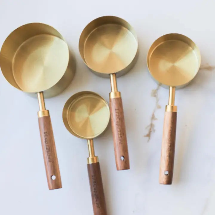 Walnut Wood Handle Gold Measuring Cups &amp; Spoons – 4-Piece Sets