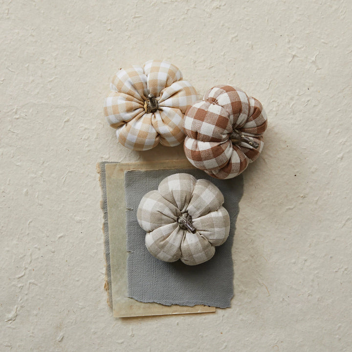Fabric Check Pumpkin w/ Resin Stem, 3" x 2"