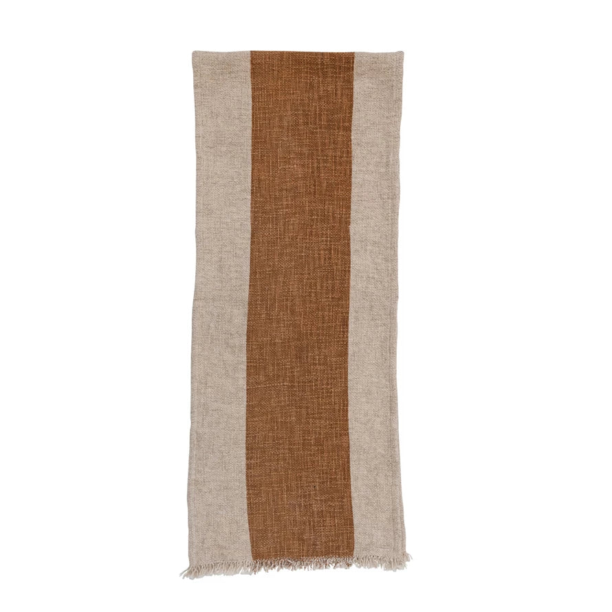 Table Runner w/ Stripe &amp; Fringe, Natural + Brown, 72" x 14"